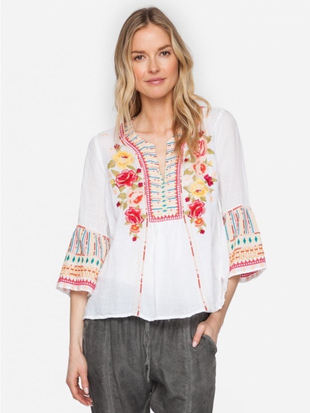 Johnny Was Workshop Floral Embroidered Ramie Blouse Top XL